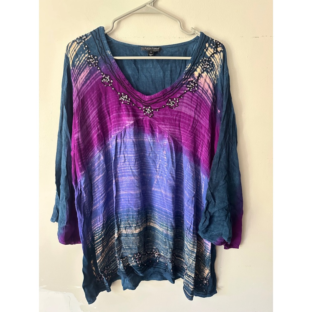 GreaterGood Women XXL Tie Dye Sequin Beaded Tunic Top Boho Rayon Blue Purple
